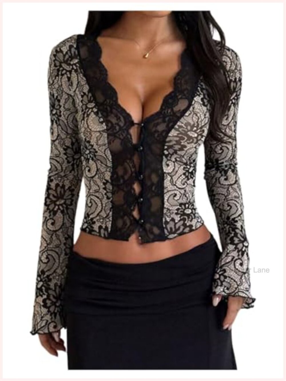MakeMeChic Floral Lace Bell Sleeve Crop Top Button Up Fitted Top